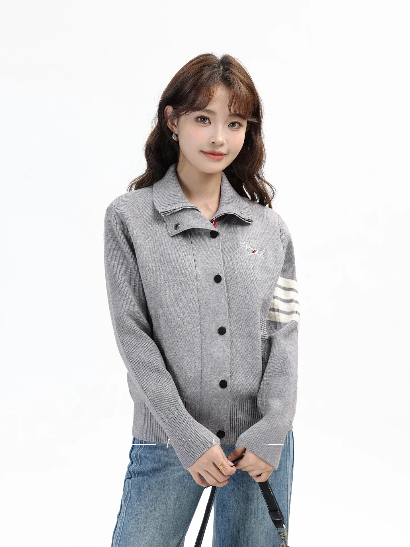 

Korean College Sle Striped Sweater Jaet Women's Lazy Match Color Dog Embroidery Slimming Knitted Open Cardigan Winter Warm