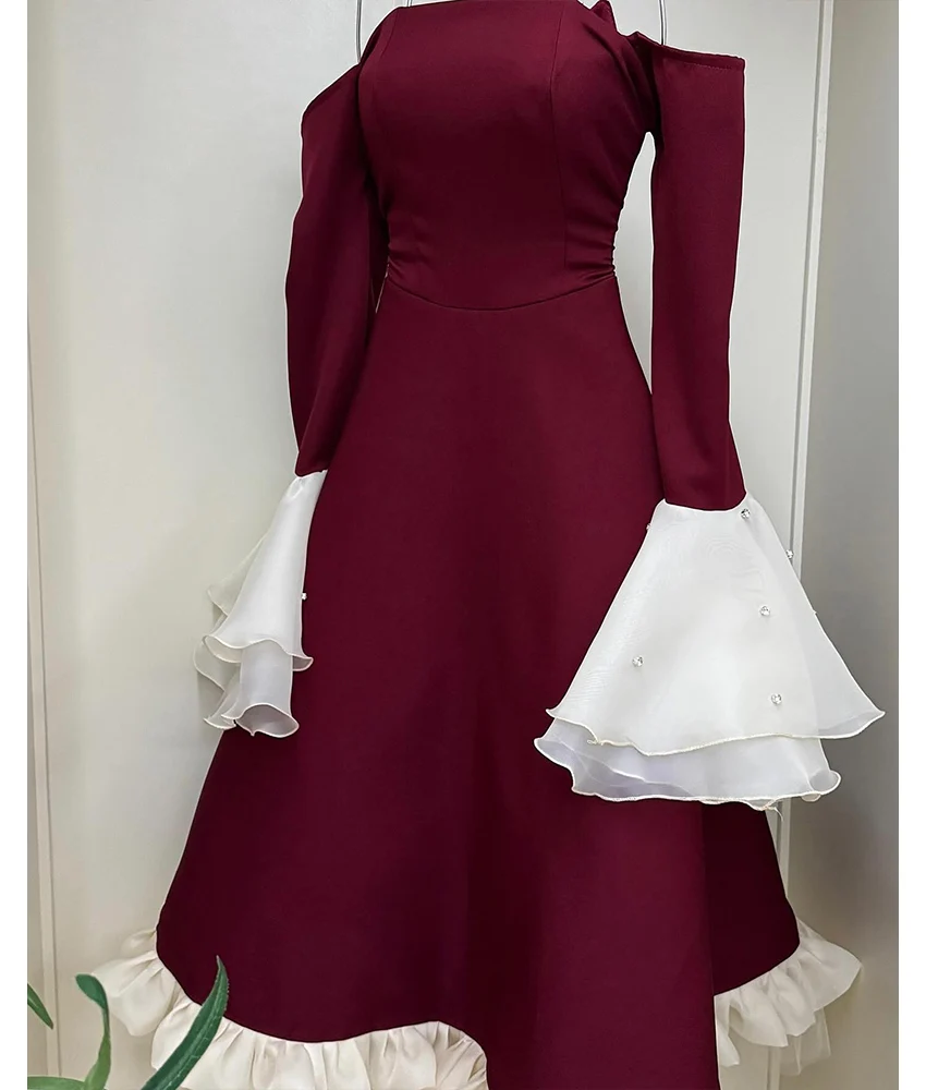 Изящное изящное вечернее платье трапециевидной формы с кристаллами и оборками по индивидуальному заказу, темпераментное платье для выпускного вечера длиной до щиколотки с длинными рукавами