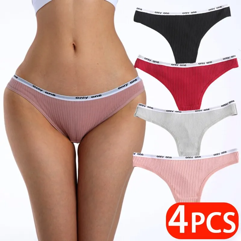 4Pcs Womens Cotton G String Thong String Underwear Women Briefs Sexy Lingerie Pants Intimate Ladies Letter Low Rise