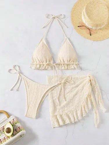 Imagen 2 del producto 2025 nuevo traje de baño Sexy de tres piezas para mujer, traje de baño ajustado con realce, conjunto de Bikini unicolor de verano, ropa de playa brasileña, traje de baño para fiesta