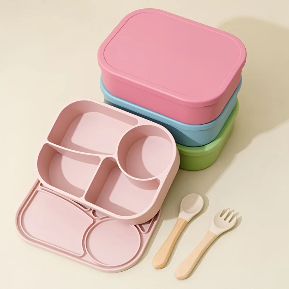 

Rectangular Silicone 4 Grid Lunch Box Heat Resistant Leak Proof Food Box With Compartments Microwavable Picnic Box School