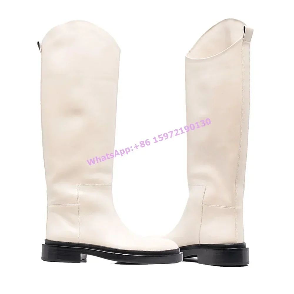 

Black Leather Solid Boots Tilted Open Low Square Heels Slip On Sewing Large Size Fashion Shoes Women's Winter Knee High Boots