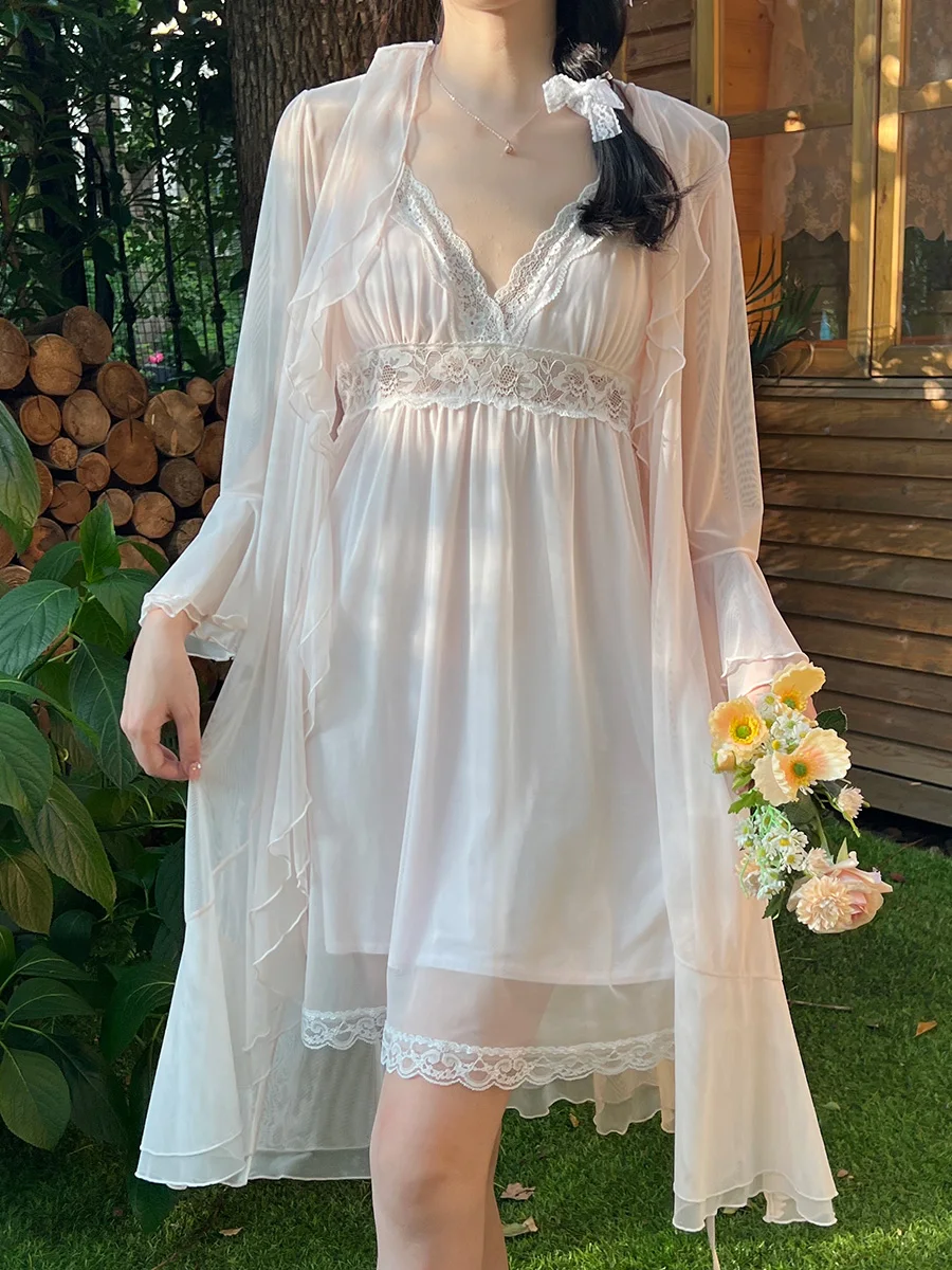 Very fairy goddess suspender nightdress nightgown sexy thin lace pajamas female summer with chest pad