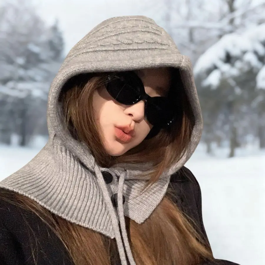 

Winter Knitted Hooded Caps for Women Balaclava Hats Outdoor Windproof Ear Protection Scarf Cap One-piece Neck Collar Beanie Caps