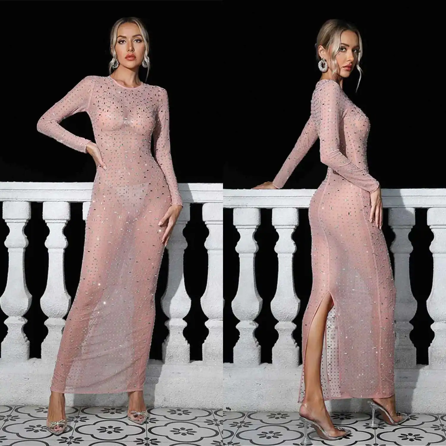 

Women Transparent Dress Sexy Party Night Club Dress Fashion Women's Solid Color Mesh Hot Diamond Long Sleeve Dress