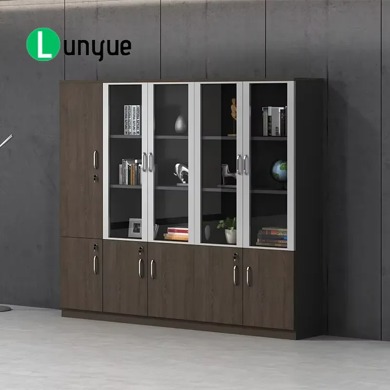 Modern Wooden Office Filing Cabinet with Glass Doors Floor to Ceiling Storage Locker Push Pull Mechanism Lock Minimalist