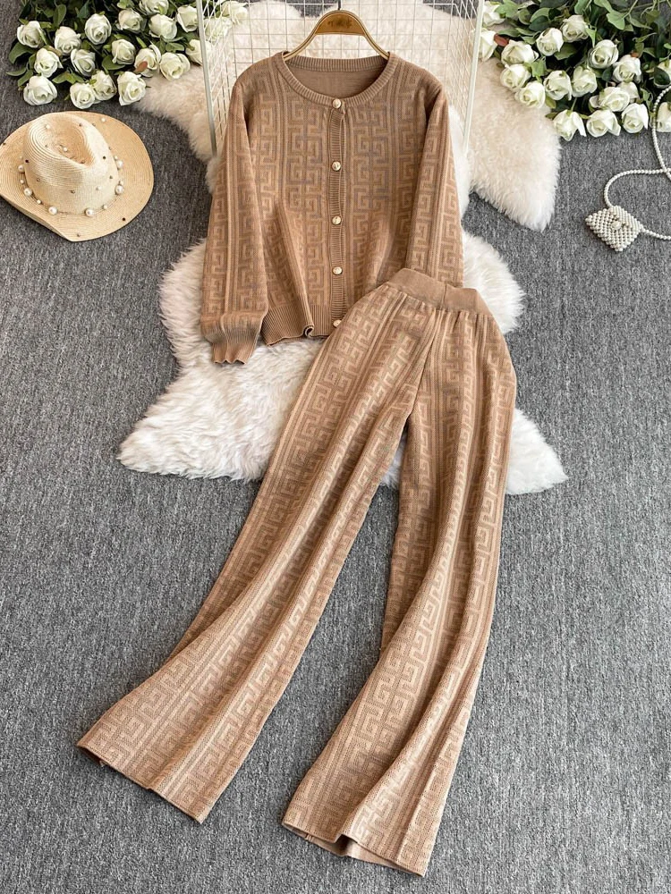 French Vintage Sweater Suits Female Long Sleeve Cardigan+ Elastic Long Pants Fashion Winter Office Lady Knitted Sets