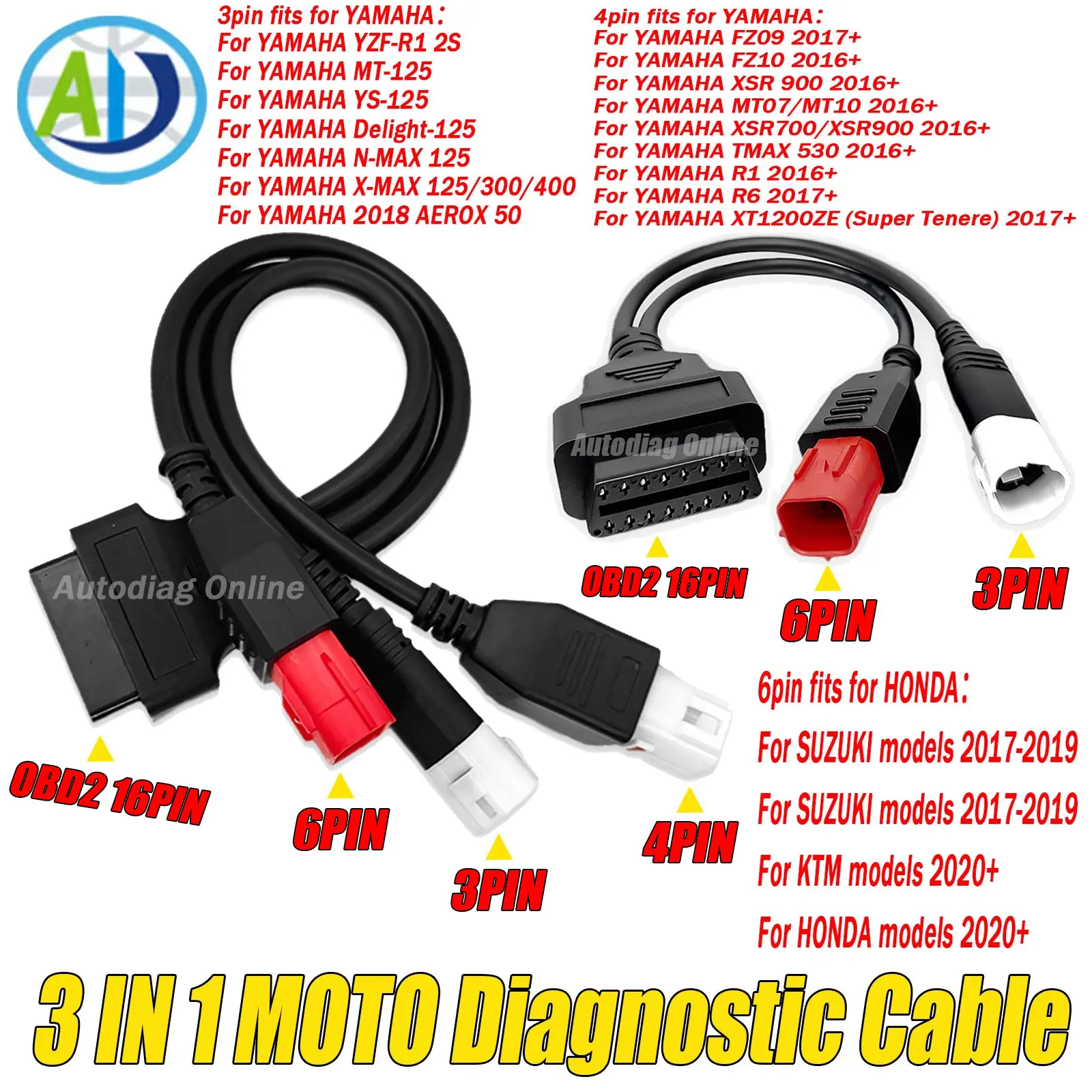 

OBD2 Diagnostic Cable For Yamaha Honda SUZUKI KTM Motorbike OBD2 Adapter Cable 3 IN 1 Motorcycle Diagnostic Cable 3pin 4pin 6pin