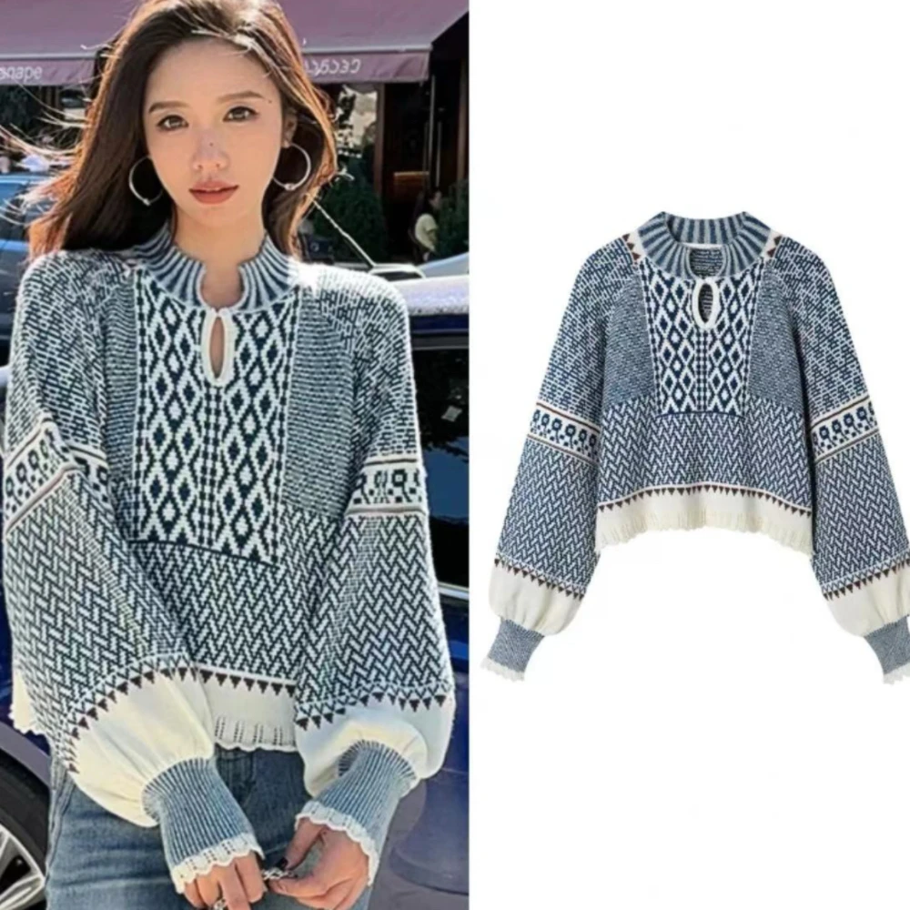 

2025 Autumn Elegant Geometric Print Long Sleeve Mock Neck T-Shirts Women's Fashion Vintage Style Knitting Sweater Tees Tops