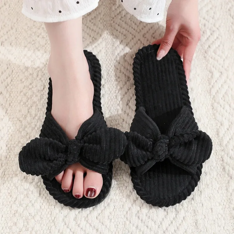 Women\'s Corduroy Bow Living Room Shoes Slippers Home Soft Casual Autumn Winter Silent Light EVA Anti Slip Herringbone Slippers