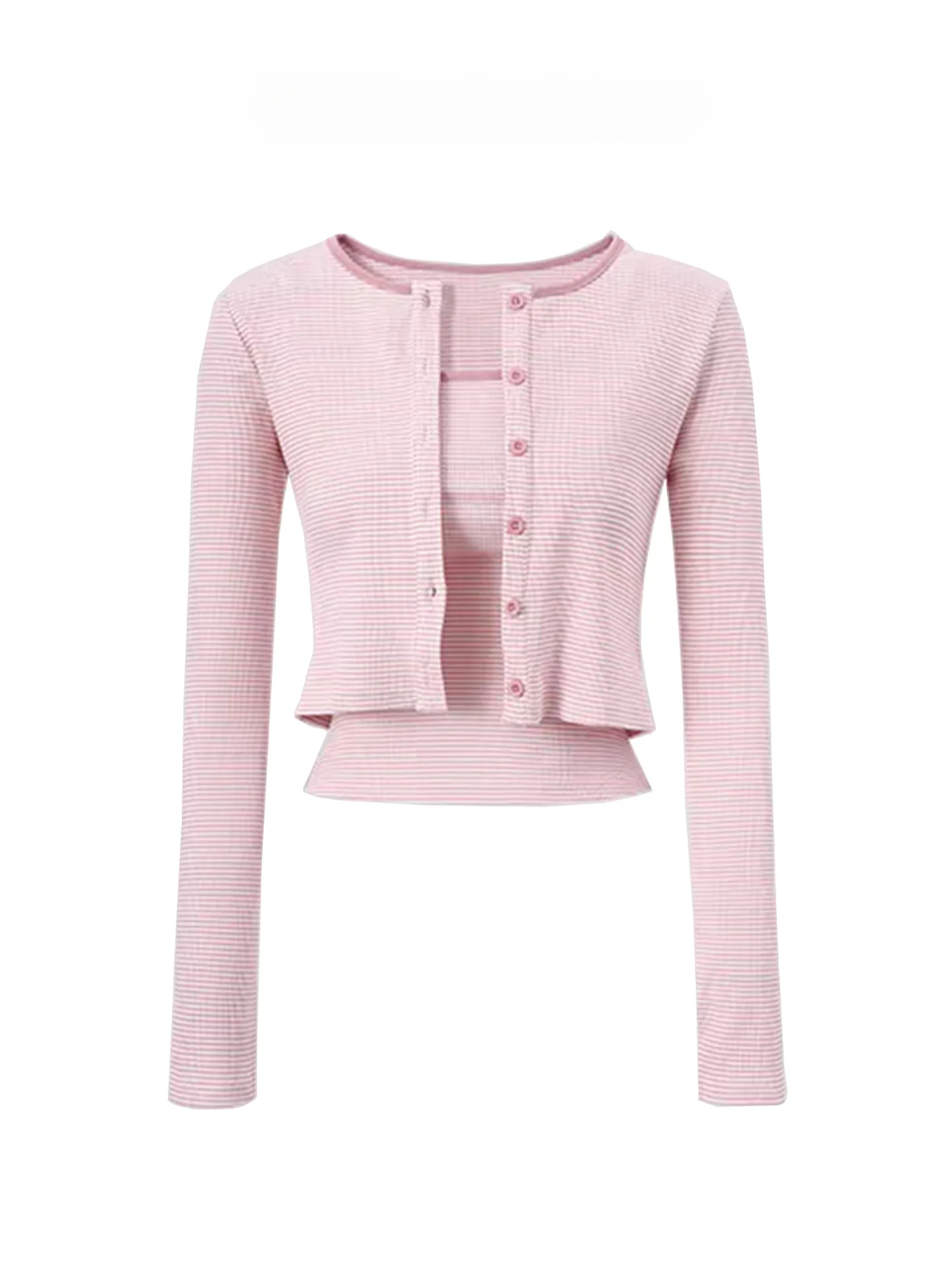 

Pink Striped Long Sve T-irt Women's Autumn Winter New Sle Pure Desire Tank Top Cardigan Two-Piece Set Top Korean Sle