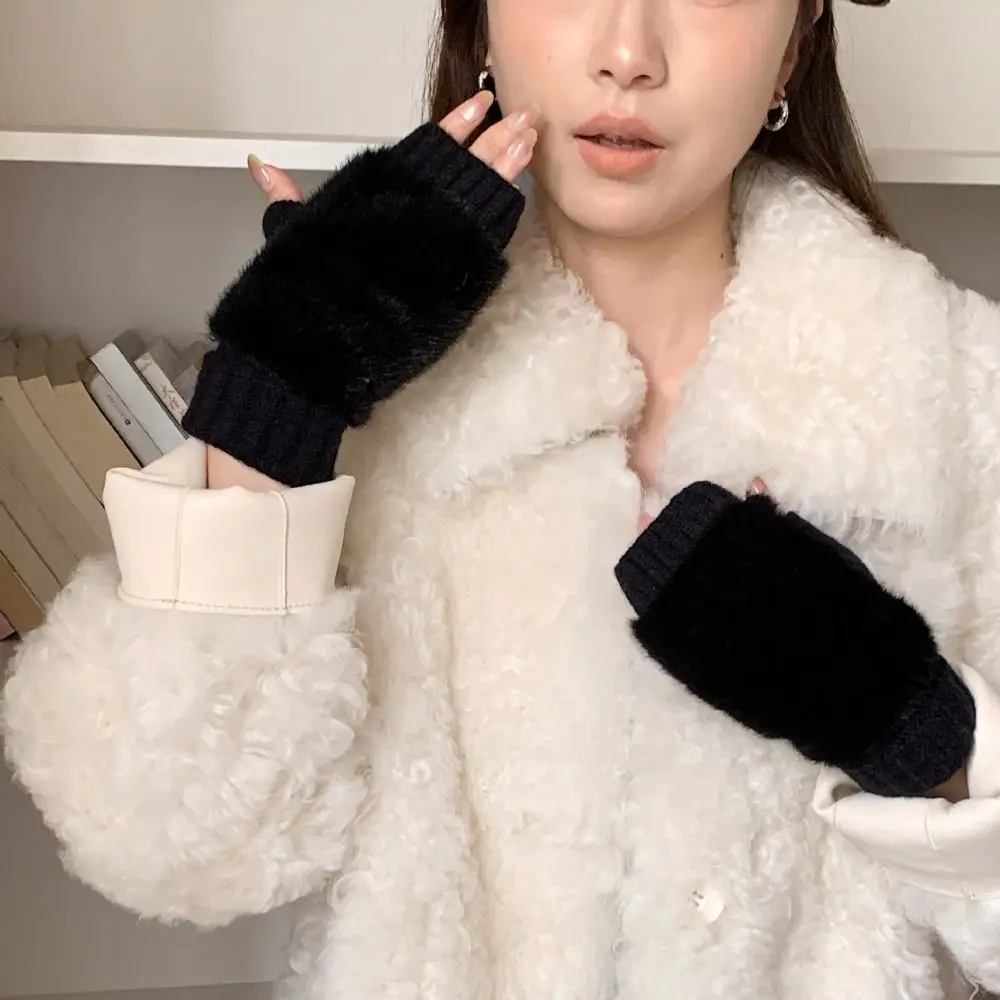 New Warm Knitted Gloves Soft Windproof Half-Finger Gloves Faux Fur Polyester Plush Gloves Writing
