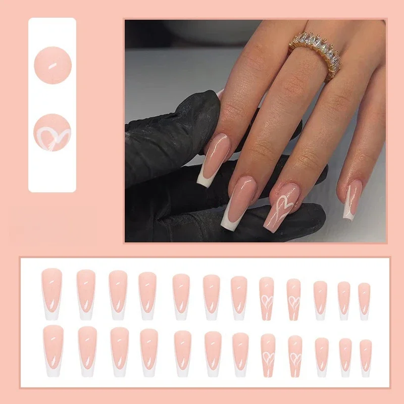 

24Pcs/Set Long Ballet Simple White Press on Nail French Love Acrylic Fake Nails Full Coverage Removable Wearing False Nails Art