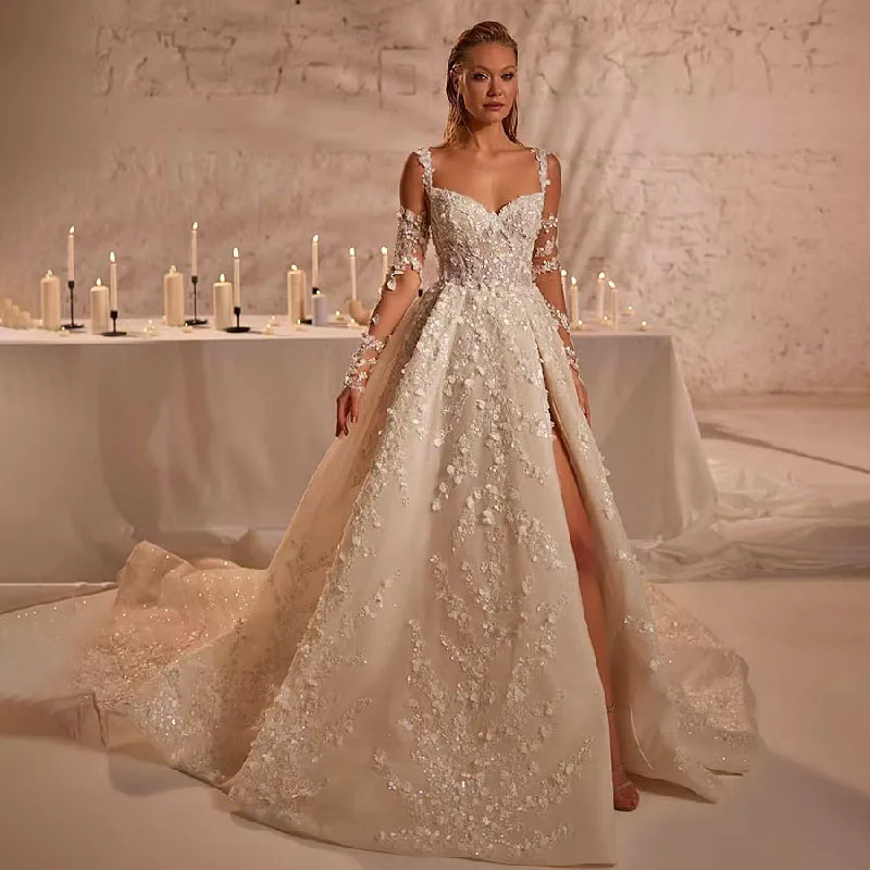 

Luxury Shiny Lace Sleeves Ball Gown Wedding Gown Beading Off Shoulder Sequined Bling Flowers Appliques High Split Bride Dress