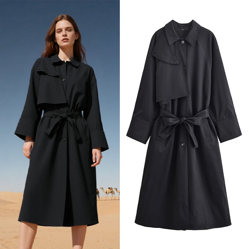 

2025 New Womens Trench Coat Jacket Lace Up Black Long Fall Winter Trendy Casual Fashion Fall Choice Trafzaran Woman Clothing