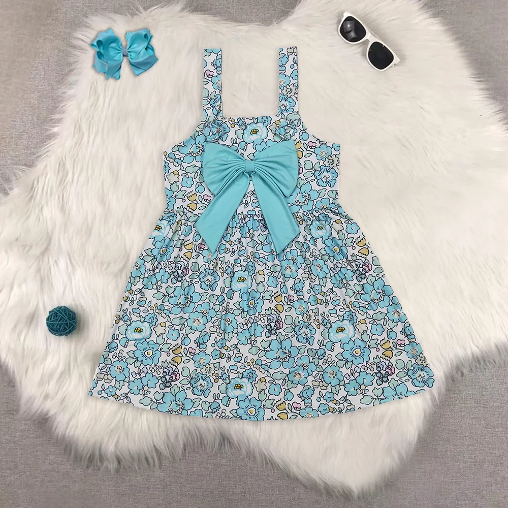 

Baby Girls Blue Flowers Big Bow Knee Length Dresses