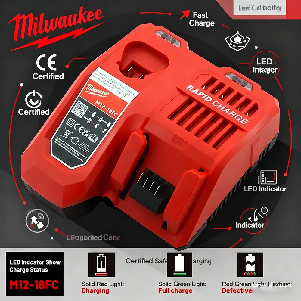 

Milwaukee M12 M1812V 14V 18V Rapid Fast Li-Ion Charger Fit For Milwaukee M12-18C Dual Port Multi-Voltage Lithium-Ion Battery