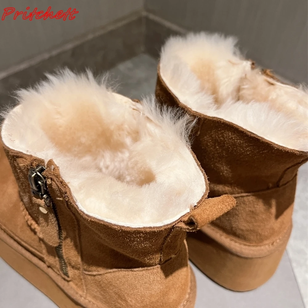 Thick Sole Side Zipper Winter Boots Women Round Toe Warm Mid Calf Snow Boots Casual Flat with Boots Height Increasing All-match
