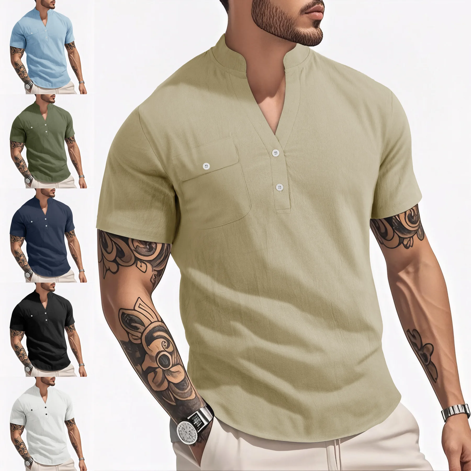 Men's Linen Henley Shirt Short Sleeve Stand Collar V‑Neck Half Button Chest Pocket Casual Summer Tops