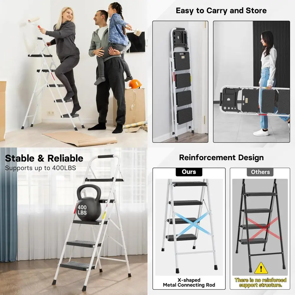 

4-ступенчатая лестница, максимальная нагрузка 400 фунтов, складная стремянка с поддоном для инструментов, противоскользящие педали, прочная сталь, легкая портативная лестница w