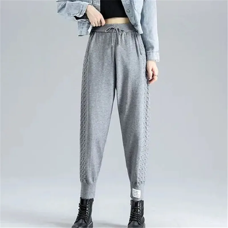 

2023 New Autumn Winter Knitting Harem Pants Women Loose High Waist pants ladies all-match Pocket Ankle-Length Chic Warm Trousers