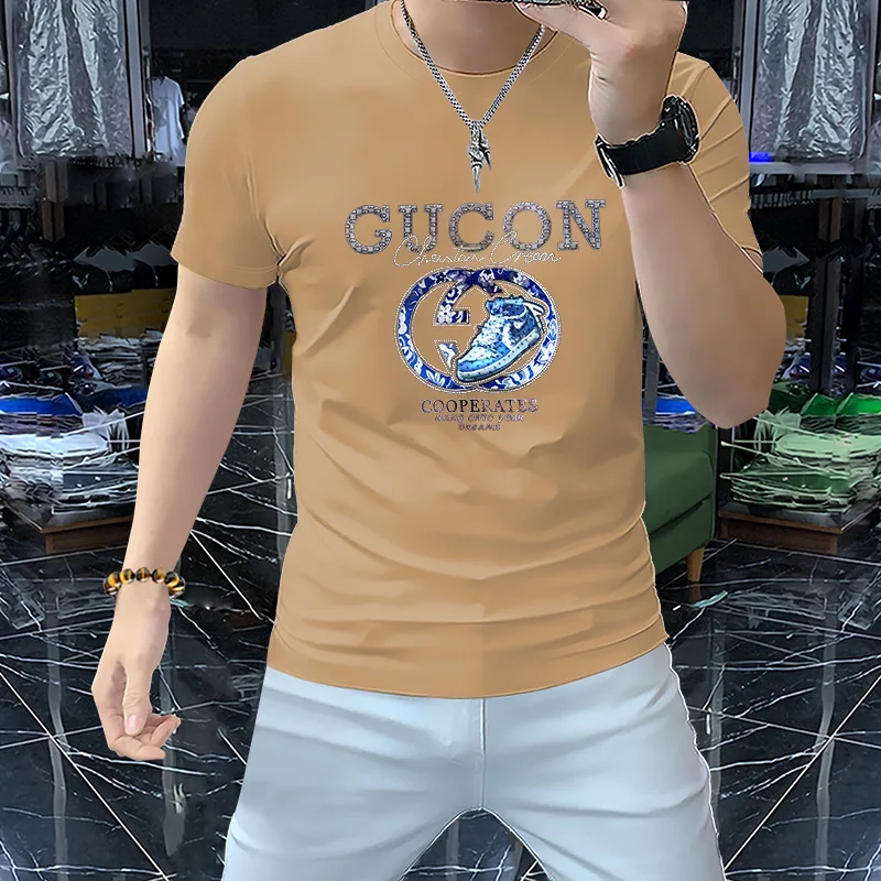 Luxury Men\'s T-shirt Summer Fashionable Hot Diamond 3D Letter Trendy Male Tees Silky Cotton Comfortable Round Neck Man Clothing