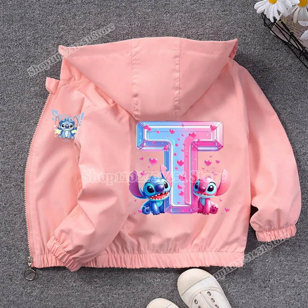 ディズニーステッチ A-Z プリントジャケット名コンビネーションレターパーカーかわいいジッパートレーナー漫画子供女の子服冬コートトップ