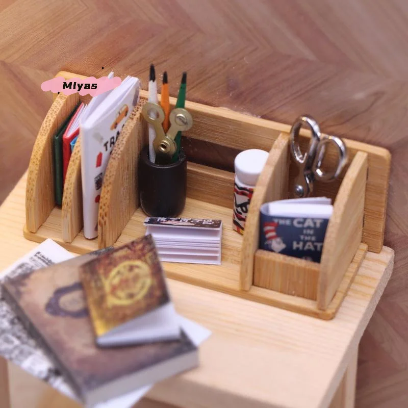 رف قرطاسية مصغر لسطح المكتب لبيت الدمى - نموذج منزلي ديكور مشهد المعيشة رف تخزين ملحقات بيت الدمية