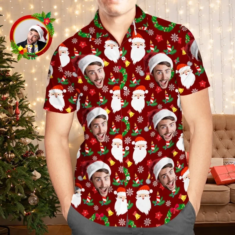 Custom Face Photos Hawaiian Shirts For Men DIY Men\'s Christmas Blouse Shirts Short Sleeve Funny Tee Shirts Mens Clothes