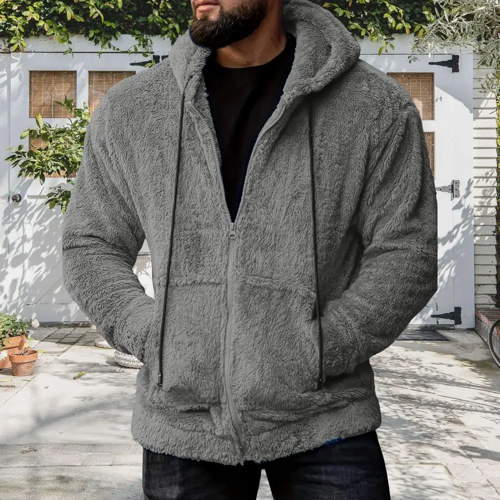 Men Solid Color Hooded Sweater Men's Winter Hooded Sweater with Zip-up Closure Plush Drawstring Cardigan with for Outdoor