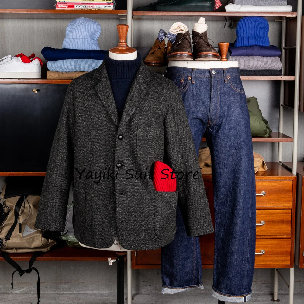 

Мужская куртка, повседневный костюм, пиджаки с мешком, повседневная мужская одежда, три пуговицы, ретро-костюмы из ткани «елочка», куртки с несколькими карманами