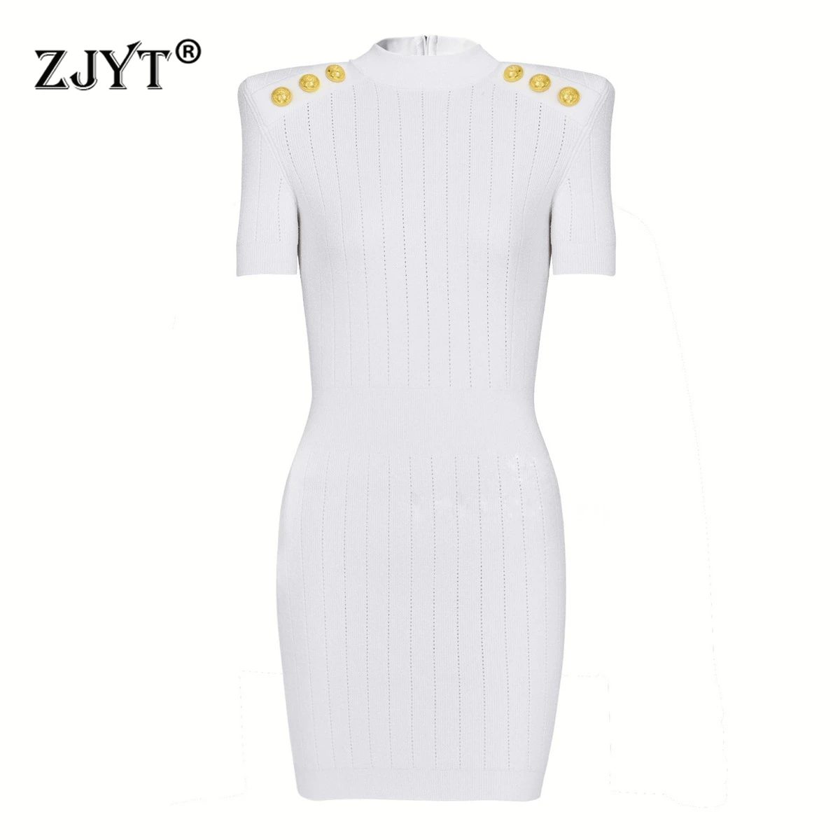 

ZJYT Summer New Elegant Sheath Knitting Sweater Dresses Short Sleeve Stand Neck Slim Fit Party Dress Vestidos 2025 Fashion White