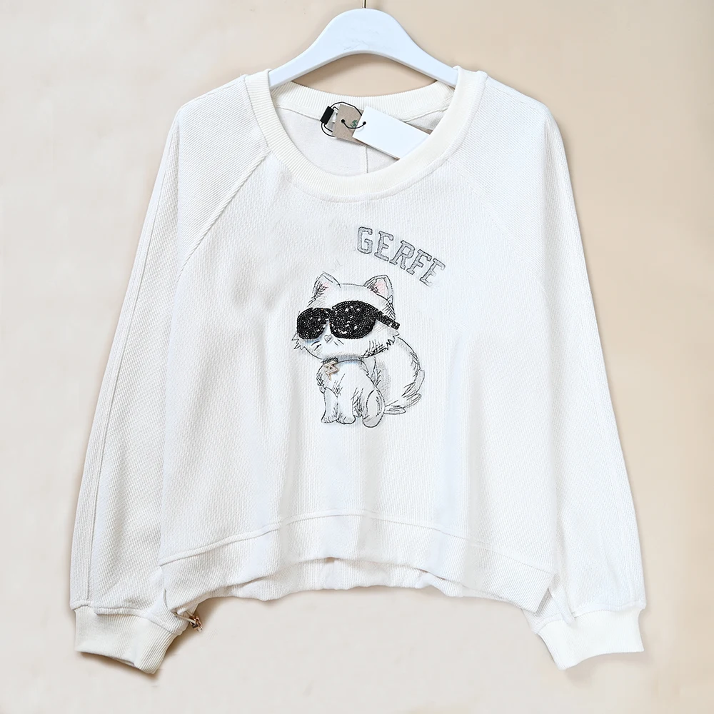 Women's Spring New Long Sleeve Hoodie Letter Pendant Cartoon Pattern round Neck Pullover Loose Fit Comfortable Casual Sweatshirt