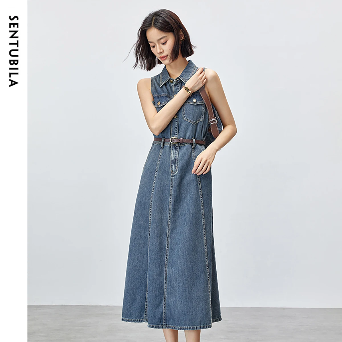 

SENTUBILA Retro Cotton Denim Dress Women's 2025 Spring Fashion Turn Down Collar Sleeveless Sashes Button Dress W42L55181