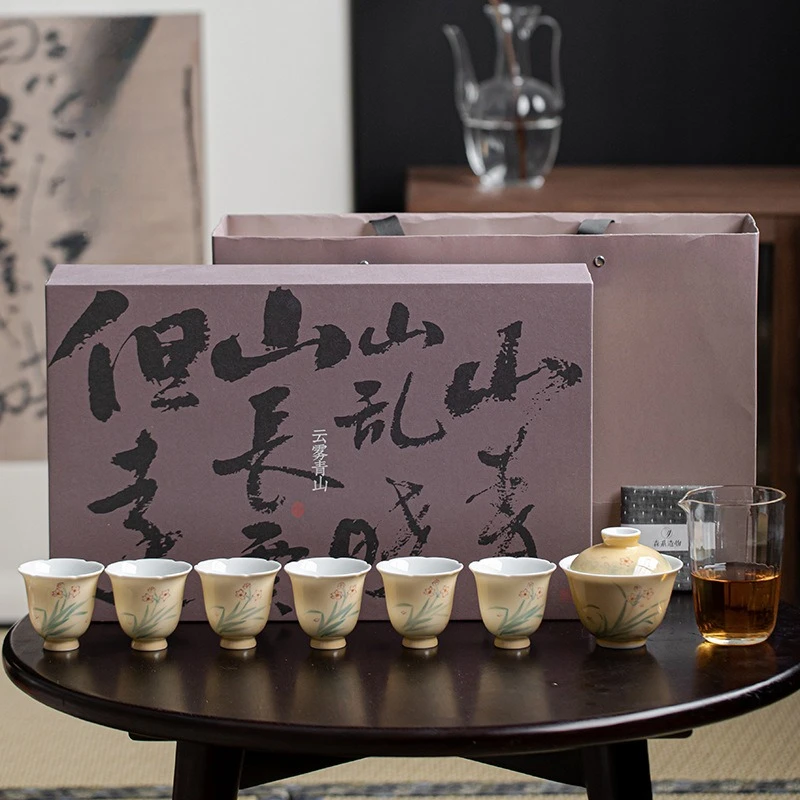 Orchid complete set Kung Fu tea set handmade ceramic cover bowl teacup
