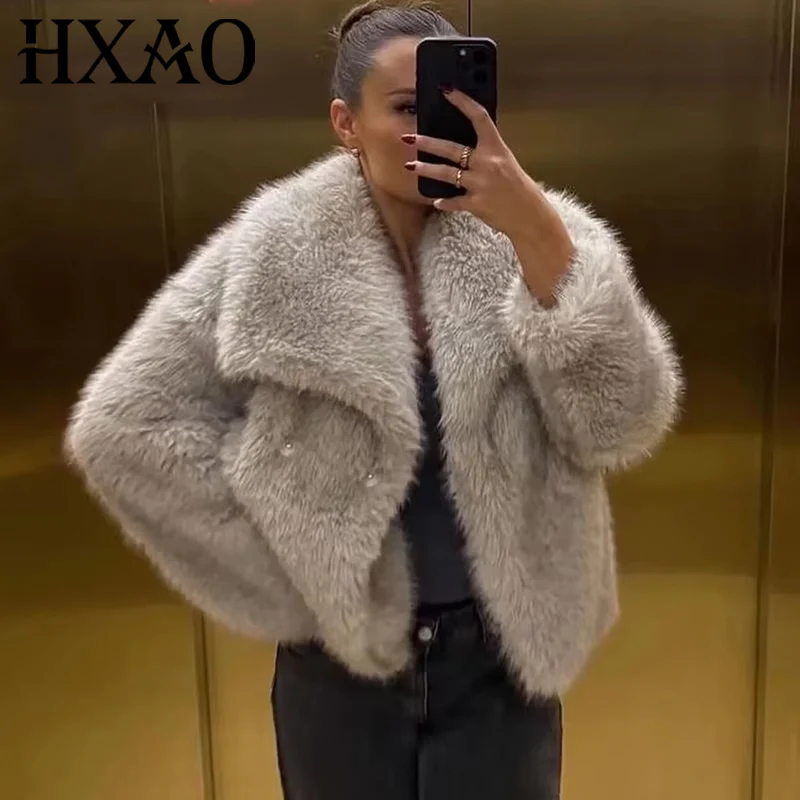 HXAO Womens Coats Winter Cropped Faux Fur Coat Women Autumn Long Sleeve Fluffy Black Jacket Outerwears Warm Plush Short Coats