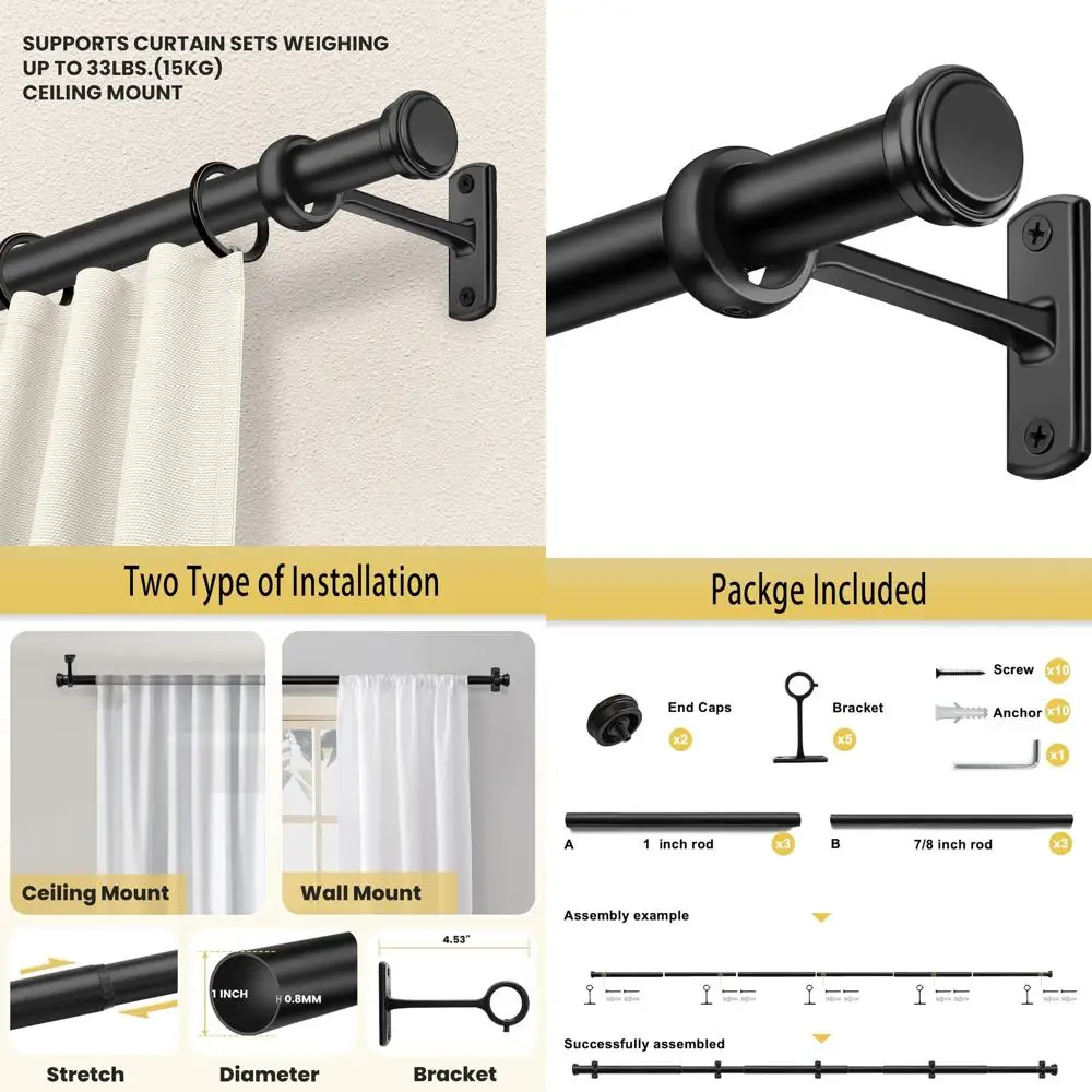 

Black Adjustable 168-240 Inch Curtain Rod for Windows, Indoor/Outdoor Rustic Drapery Pole with Brackets