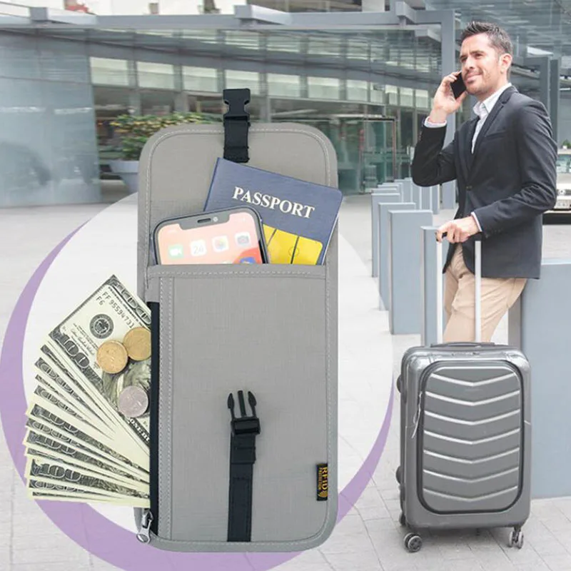 RFID-Portefeuille Antivol Multifonction pour Homme et Femme, Poudres de Cou de Voyage Cachées, Couverture de Passeport, Porte-Cartes d\'Identité