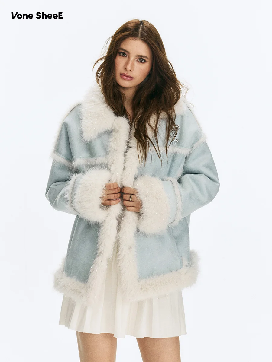 

Vone eeE American Sle Spicy Girl High Class Gentle Blue Color Blo Leather Fur Inteated Women's Coat Autumn Winter New...