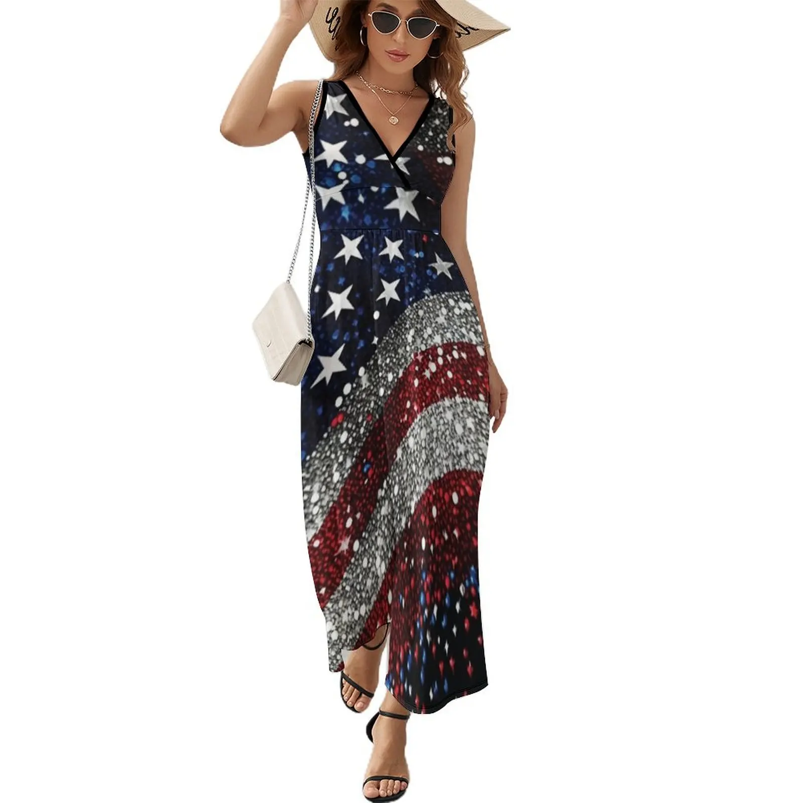 

USA flag red blue faux sparkles glitters Sleeveless Dress evening dress summer dresses summer clothes