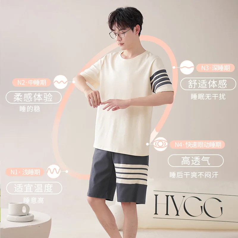 New Classic 100%Cotton Pajamas Suit Men Loose Comfortable Short Sleeves Outside Sleepwear High Quality Nightcloth Male Boy Gift