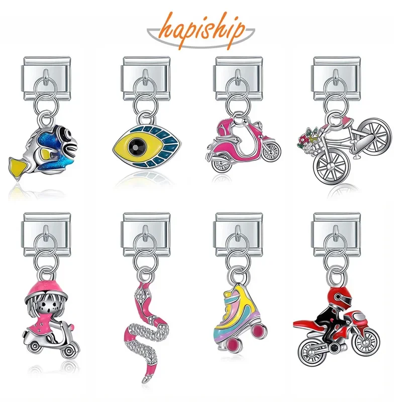 Hapiship New Fashion Glaze Snake Fish Eye Motorcycle Charm Italian Link Fit DIY 9mm Stainless Steel Bracelet DIY Jewelry DJ573