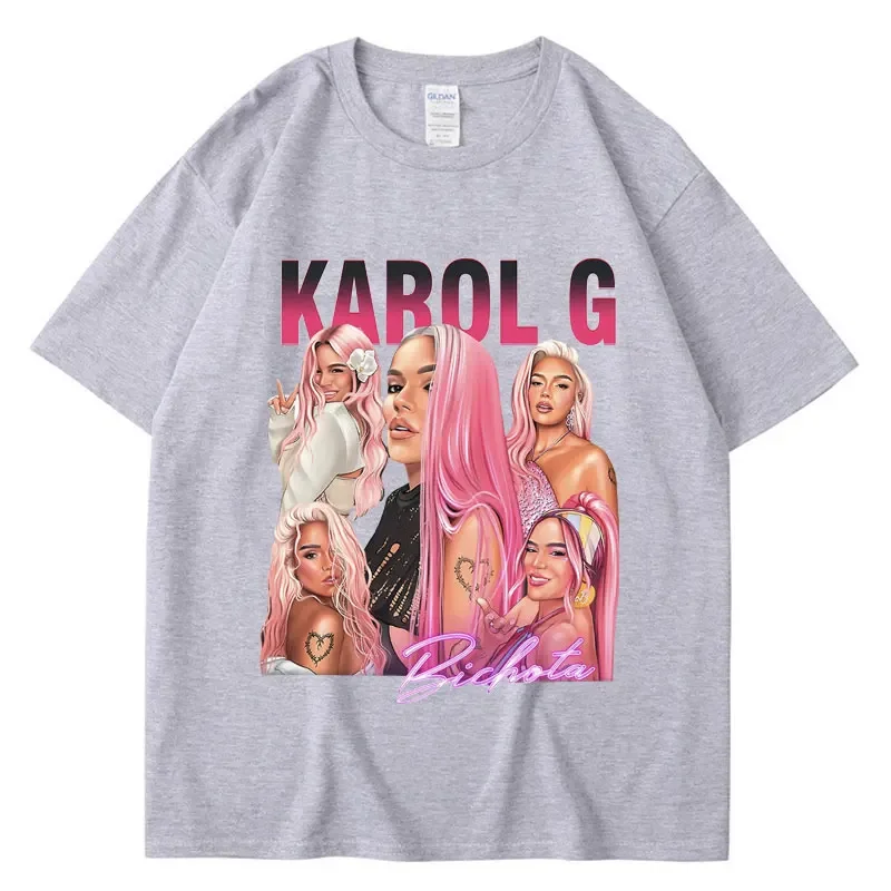 Camiseta de algodão com decote em O, masculino e feminino, streetwear manga curta Karol G Bichota, estética, moda hip-hop, verão