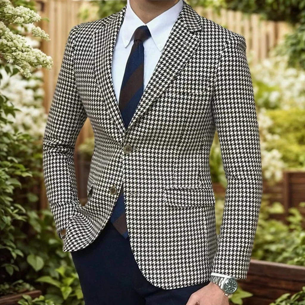 

Elegant Houndstooth Men's Slim Fit Tuxedo 2 Piece Blazer And Pant Set Classic Wedding Suit Single Blazer Option Available