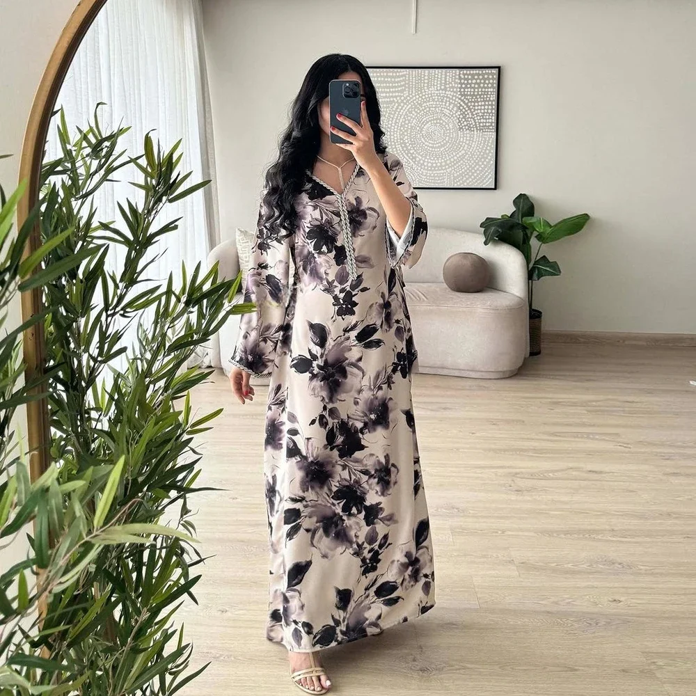 Uni Moroccan Women Printing Casual Party Belted Long Dresses Jalabiya Turkish Islamic Clothing Muslim Ramadan Eid 2024 New