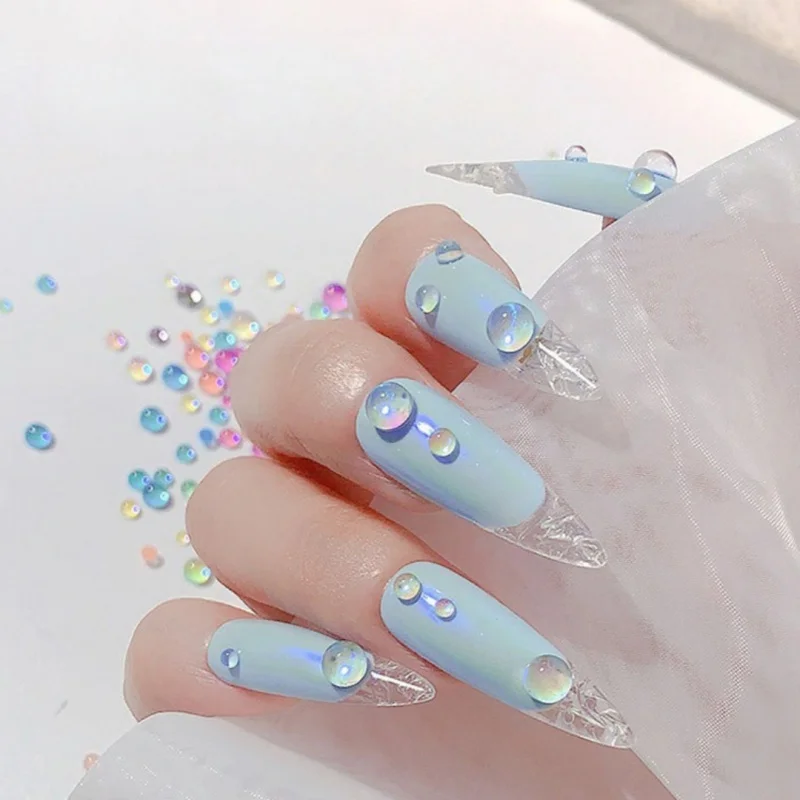 100 pezzi di perline per unghie a forma di sirena color caramello, strass in vetro con retro piatto bianco blu iridescente per decorazioni per unghie, scarpe e vestiti fai da te