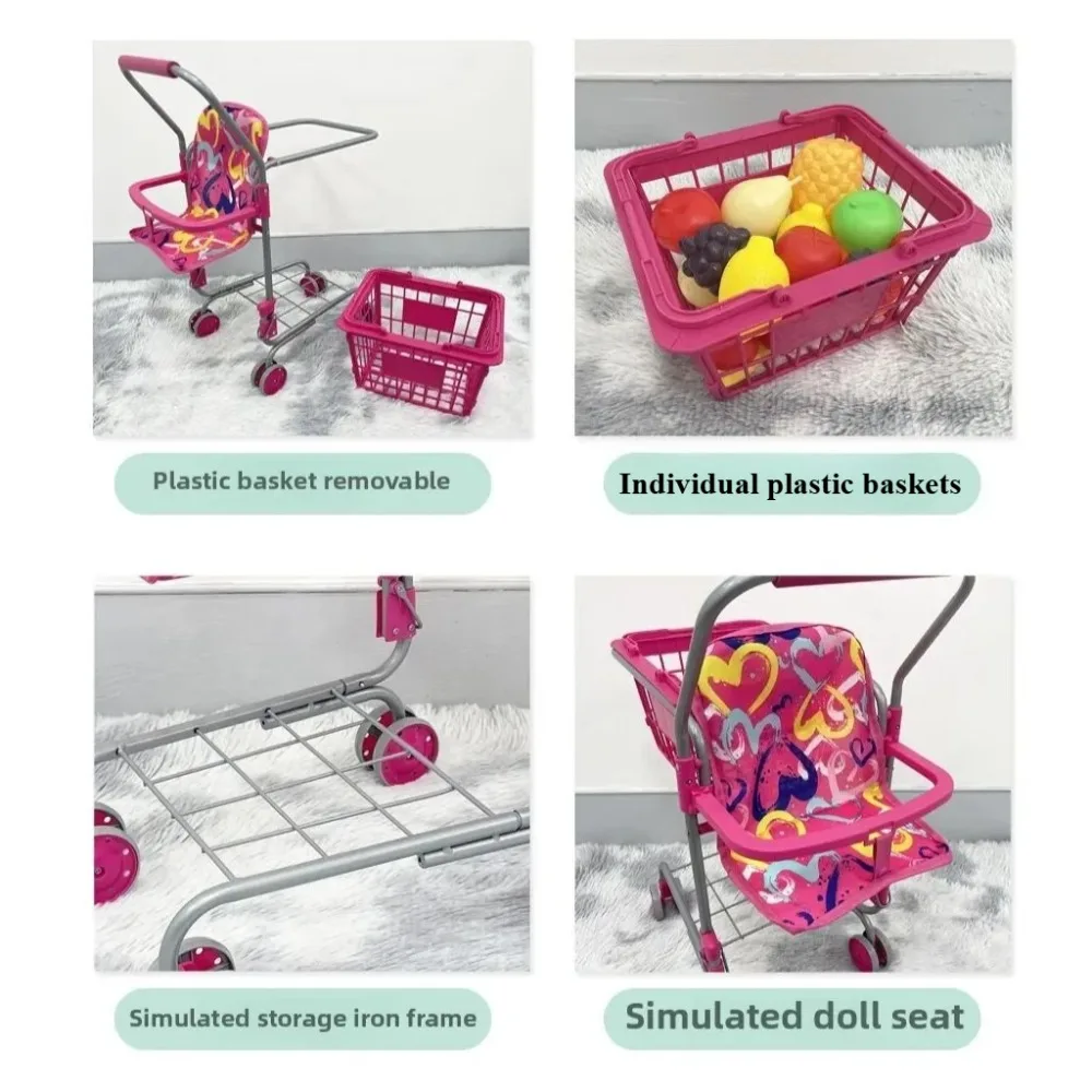 Baby-Puppen-Einkaufswagen für Mädchen, Kinder, Kleinkinder, Rollenspiel, Einkaufsspielzeug mit abnehmbarem Korb, stabiler Metallrahmen, Weihnachtsgeschenke