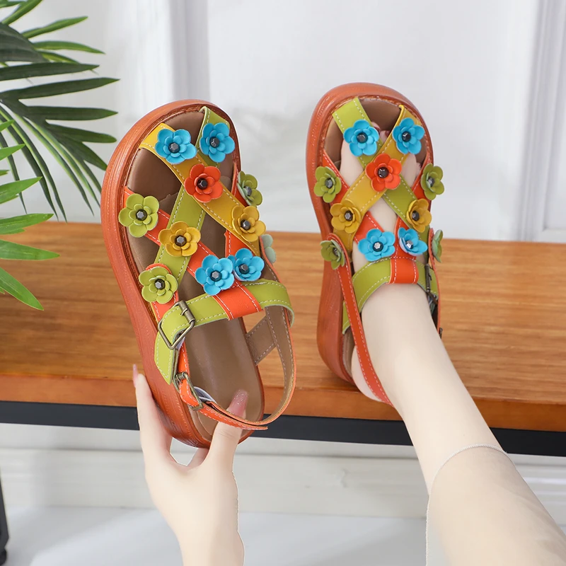 Women\'s Sandals 2022 Leather Flowers Beach Sandals Wedges Sandals  Buckles Platform Shoes Ladies Gladiator Sandals Fashion Shoes