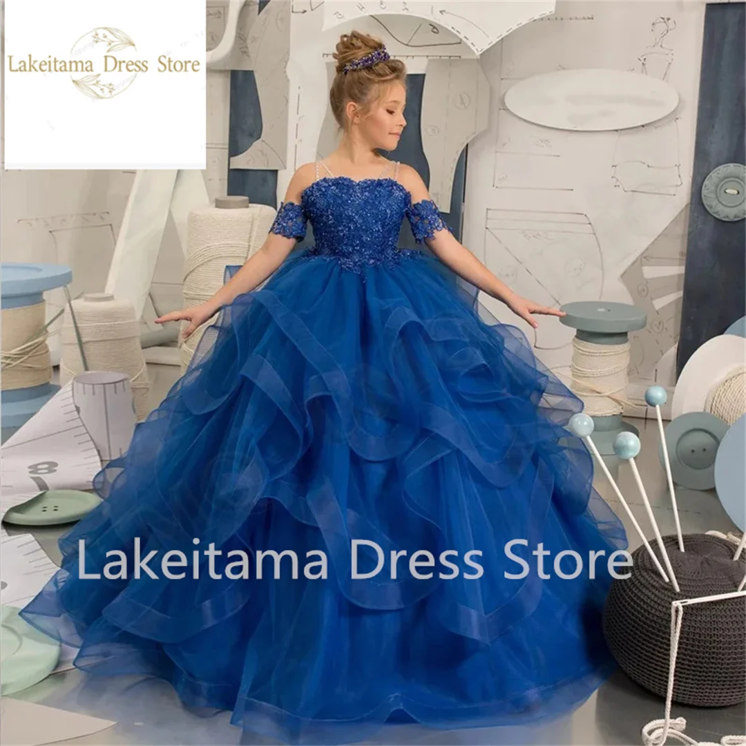 

Royal Blue Flower Girl Dress Tulle Puffy Layered Appliques Short Sleeve For Wedding Birthday Party Banquet Princess Gowns