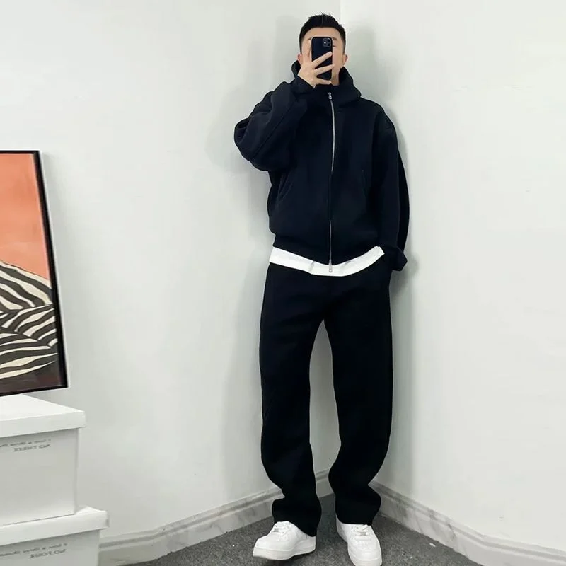 Casual Sports Suit Men's Velvet Thickened Loose Hooded Jacket Sweatshirt Sweatpants Two-piece Set